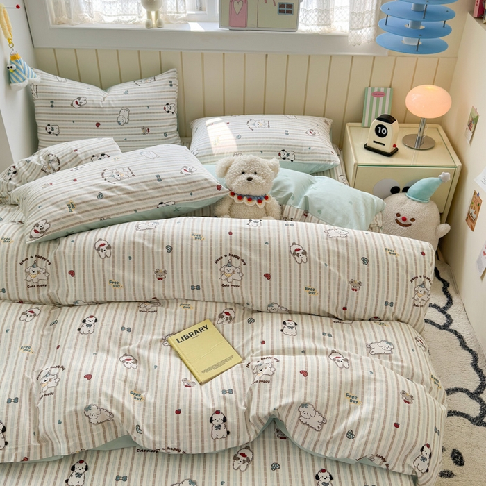 91家纺网 家纺一手货源 找家纺 典曼家纺 2025新款40支学生季卡通印花四件套 茶茶狗