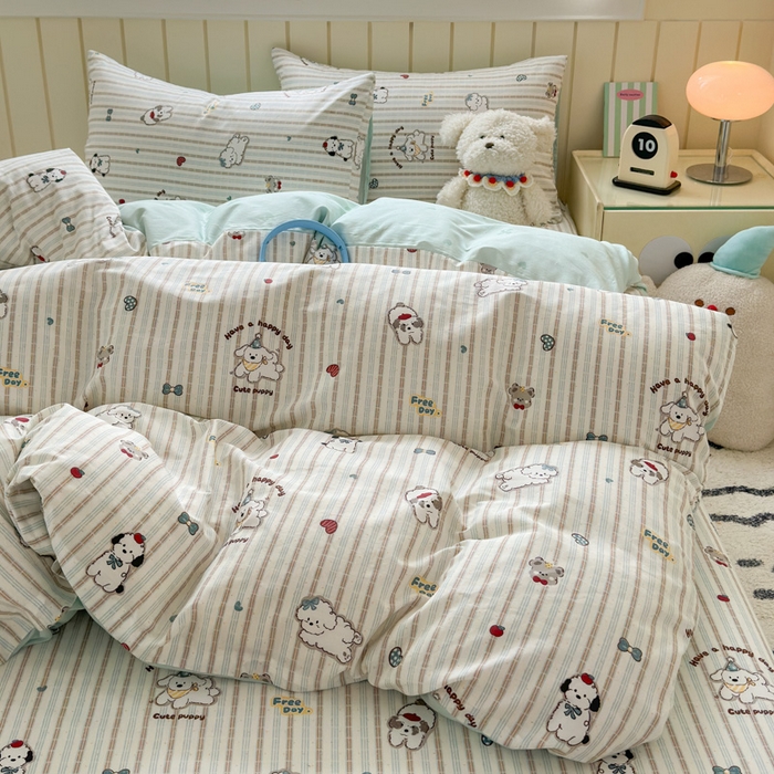 91家纺网 家纺一手货源 找家纺 典曼家纺 2025新款40支学生季卡通印花四件套 茶茶狗