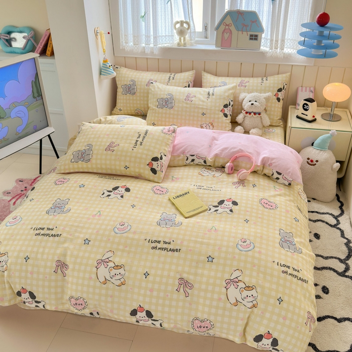 91家纺网 家纺一手货源 找家纺 典曼家纺 2025新款40支学生季卡通印花四件套 格子猫