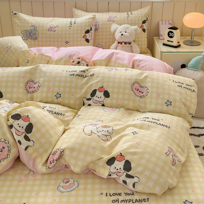 91家纺网 家纺一手货源 找家纺 典曼家纺 2025新款40支学生季卡通印花四件套 格子猫