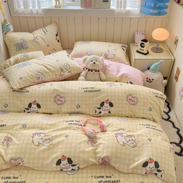 91家纺网 家纺一手货源 找家纺 典曼家纺 2025新款40支学生季卡通印花四件套 格子猫