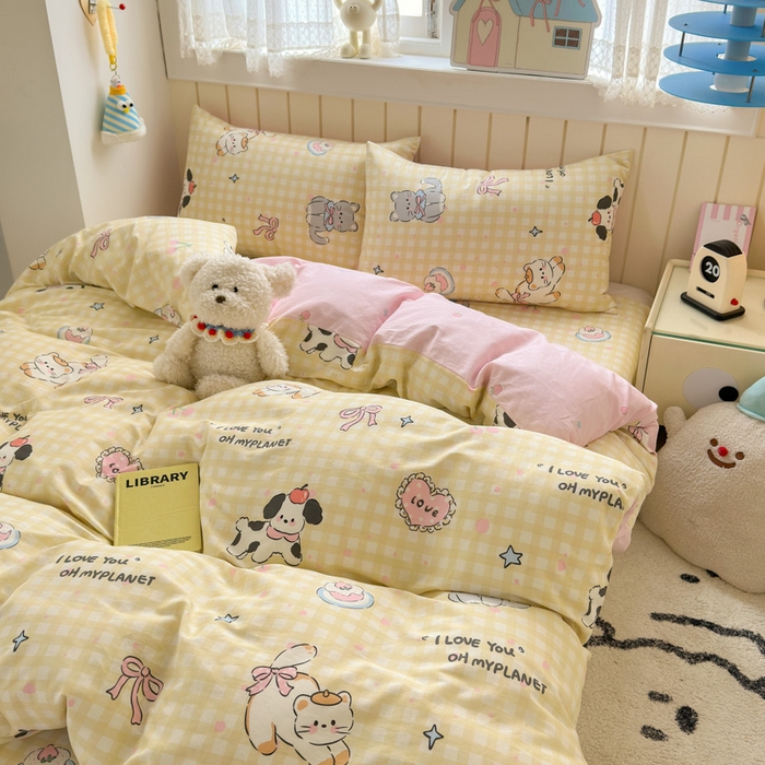 91家纺网 家纺一手货源 找家纺 典曼家纺 2025新款40支学生季卡通印花四件套 格子猫