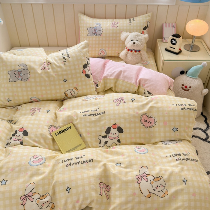 91家纺网 家纺一手货源 找家纺 典曼家纺 2025新款40支学生季卡通印花四件套 格子猫