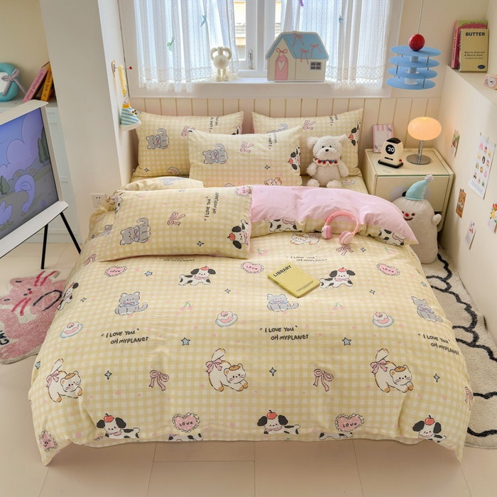 91家纺网 家纺一手货源 找家纺 典曼家纺 2025新款40支学生季卡通印花四件套 格子猫