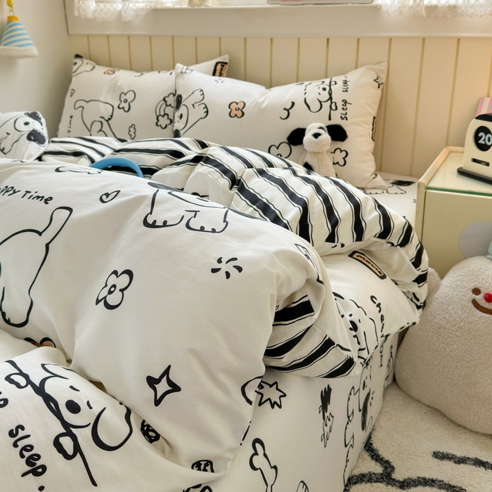 91家纺网 家纺一手货源 找家纺 典曼家纺 2025新款40支学生季卡通印花四件套 嗨皮狗