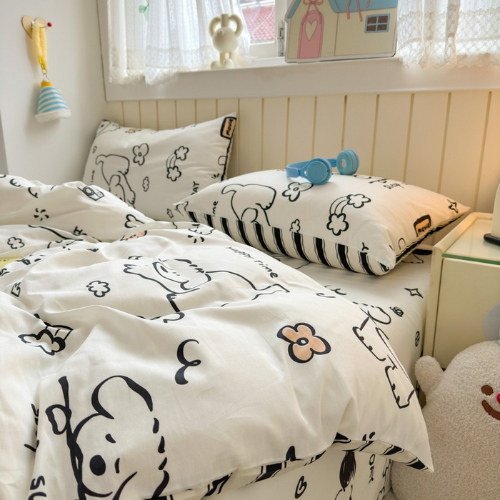 91家纺网 家纺一手货源 找家纺 典曼家纺 2025新款40支学生季卡通印花四件套 嗨皮狗