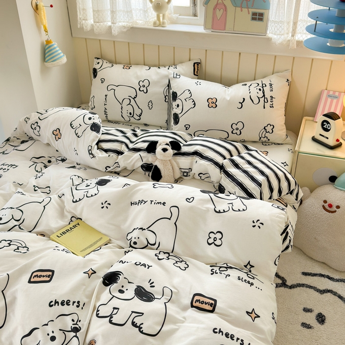 91家纺网 家纺一手货源 找家纺 典曼家纺 2025新款40支学生季卡通印花四件套 嗨皮狗