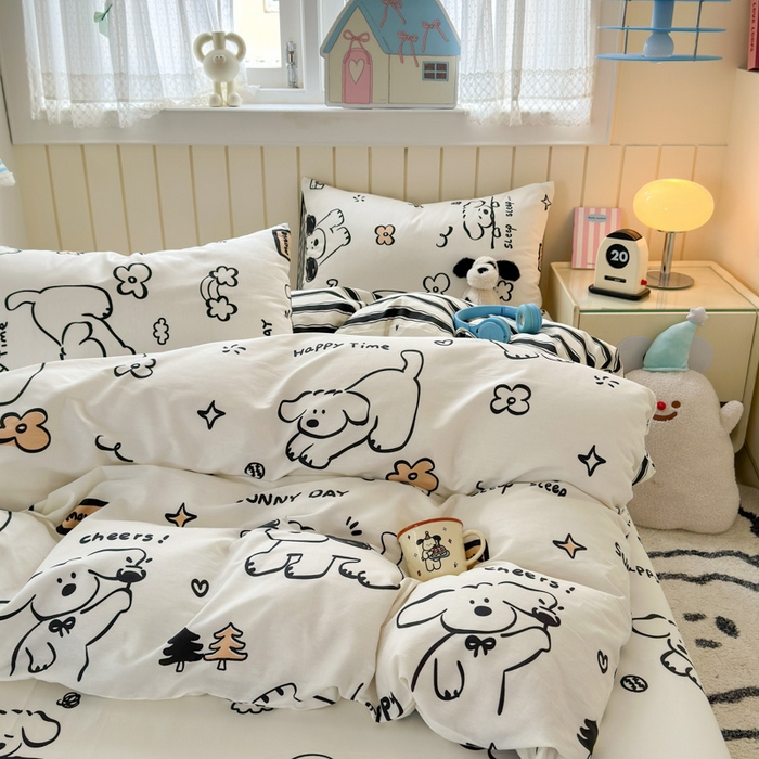 91家纺网 家纺一手货源 找家纺 典曼家纺 2025新款40支学生季卡通印花四件套 嗨皮狗