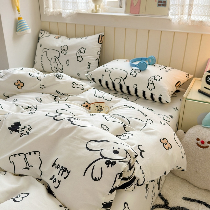 91家纺网 家纺一手货源 找家纺 典曼家纺 2025新款40支学生季卡通印花四件套 嗨皮狗