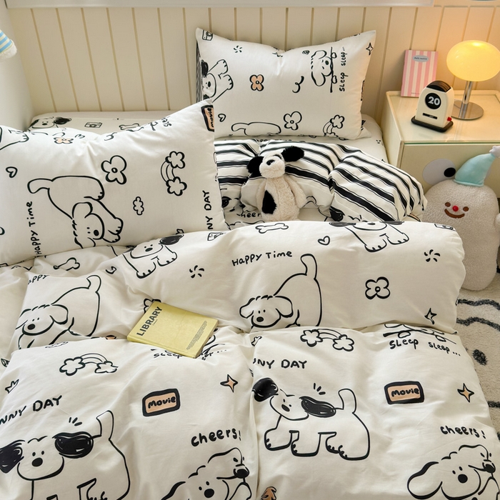 91家纺网 家纺一手货源 找家纺 典曼家纺 2025新款40支学生季卡通印花四件套 嗨皮狗