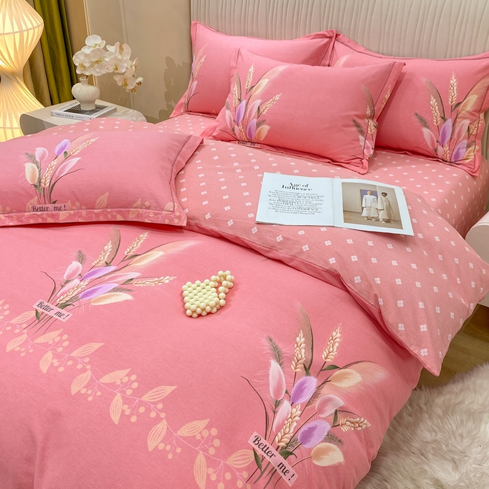 91家纺网 家纺一手货源 找家纺 红日子纺织品 2025新款100%全棉纯棉磨毛四件套 麦浪粉