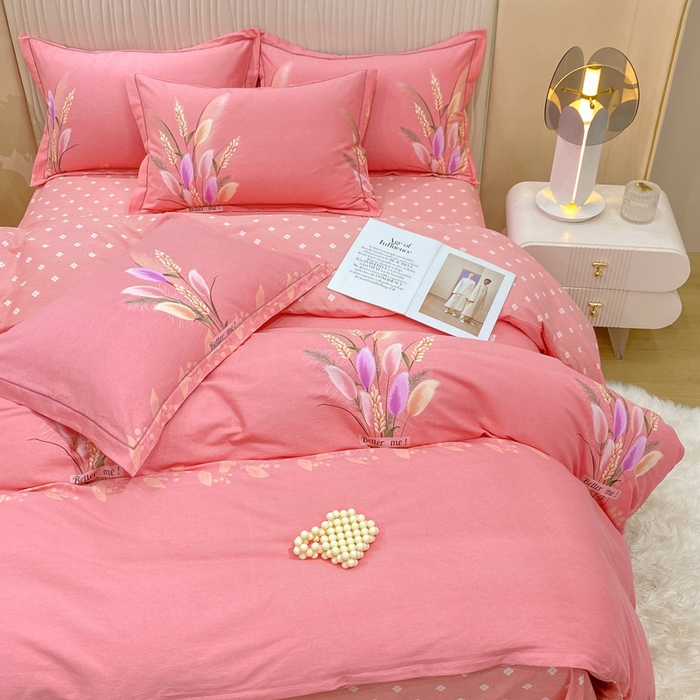 91家纺网 家纺一手货源 找家纺 红日子纺织品 2025新款100%全棉纯棉磨毛四件套 麦浪粉