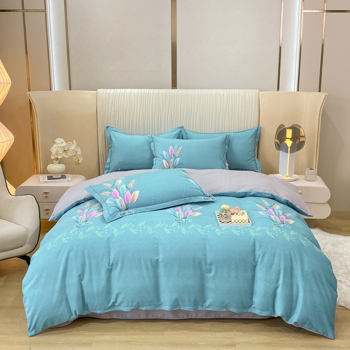 91家纺网 家纺一手货源 找家纺 红日子纺织品 2025新款100%全棉纯棉磨毛四件套 麦浪蓝