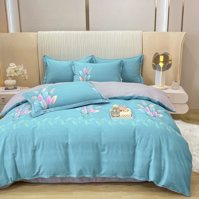 91家纺网 家纺一手货源 找家纺 红日子纺织品 2025新款100%全棉纯棉磨毛四件套 麦浪蓝