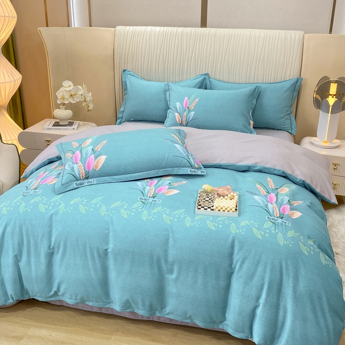 91家纺网 家纺一手货源 找家纺 红日子纺织品 2025新款100%全棉纯棉磨毛四件套 麦浪蓝