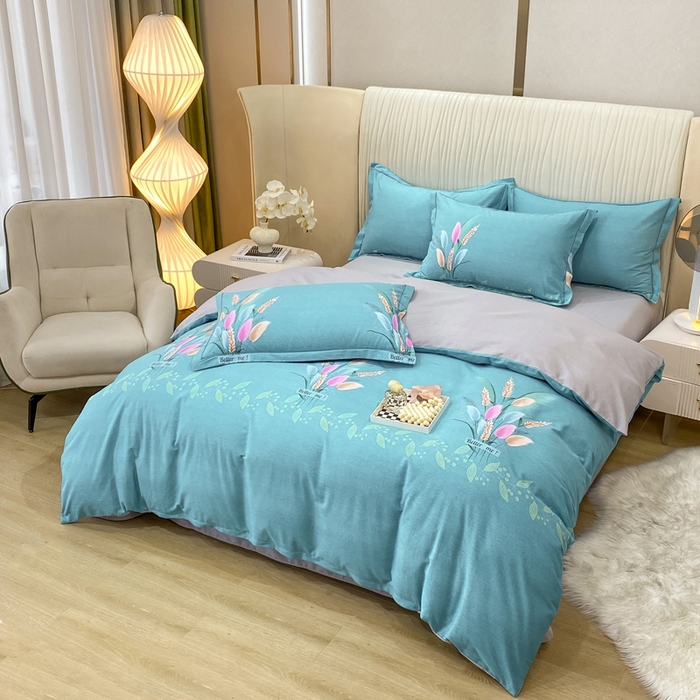 91家纺网 家纺一手货源 找家纺 红日子纺织品 2025新款100%全棉纯棉磨毛四件套 麦浪蓝