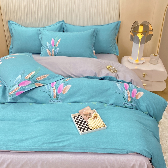 91家纺网 家纺一手货源 找家纺 红日子纺织品 2025新款100%全棉纯棉磨毛四件套 麦浪蓝