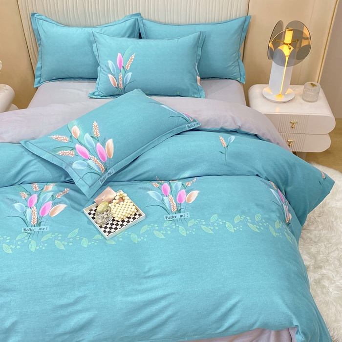 91家纺网 家纺一手货源 找家纺 红日子纺织品 2025新款100%全棉纯棉磨毛四件套 麦浪蓝