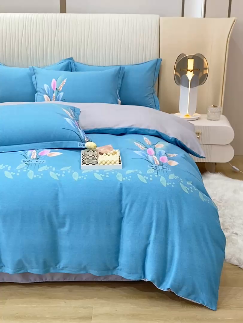 91家纺网 家纺一手货源 找家纺 红日子纺织品 2025新款100%全棉纯棉磨毛四件套 麦浪蓝