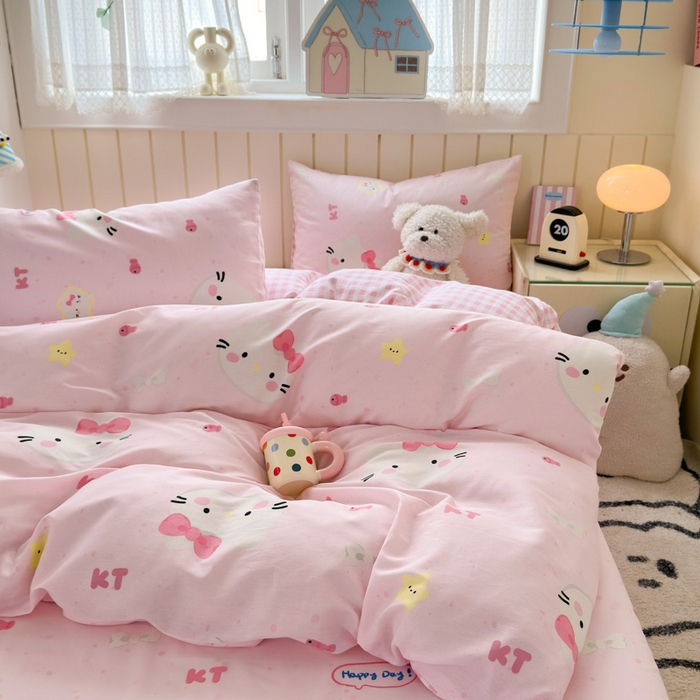 91家纺网 家纺一手货源 找家纺 典曼家纺 2025新款40支学生季卡通印花四件套 甜心猫咪