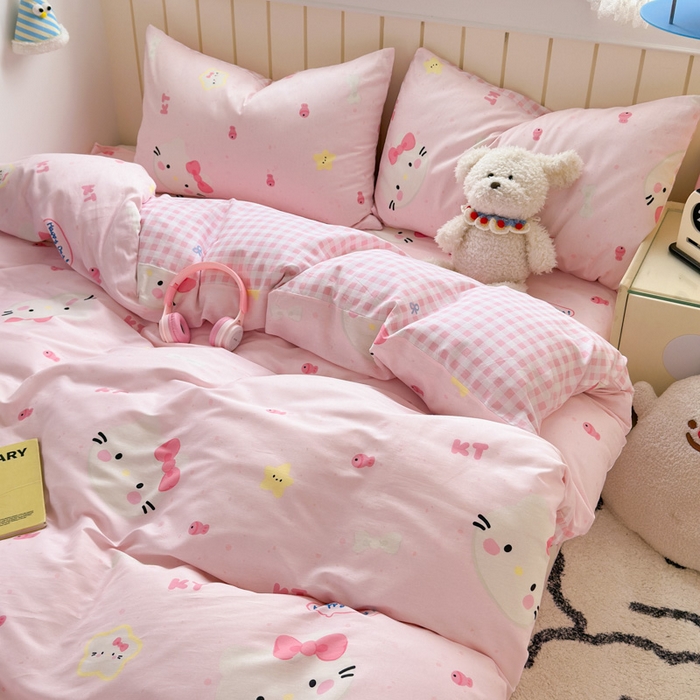 91家纺网 家纺一手货源 找家纺 典曼家纺 2025新款40支学生季卡通印花四件套 甜心猫咪