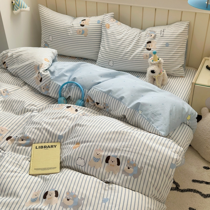 91家纺网 家纺一手货源 找家纺 典曼家纺 2025新款40支学生季卡通印花四件套 小狗日记