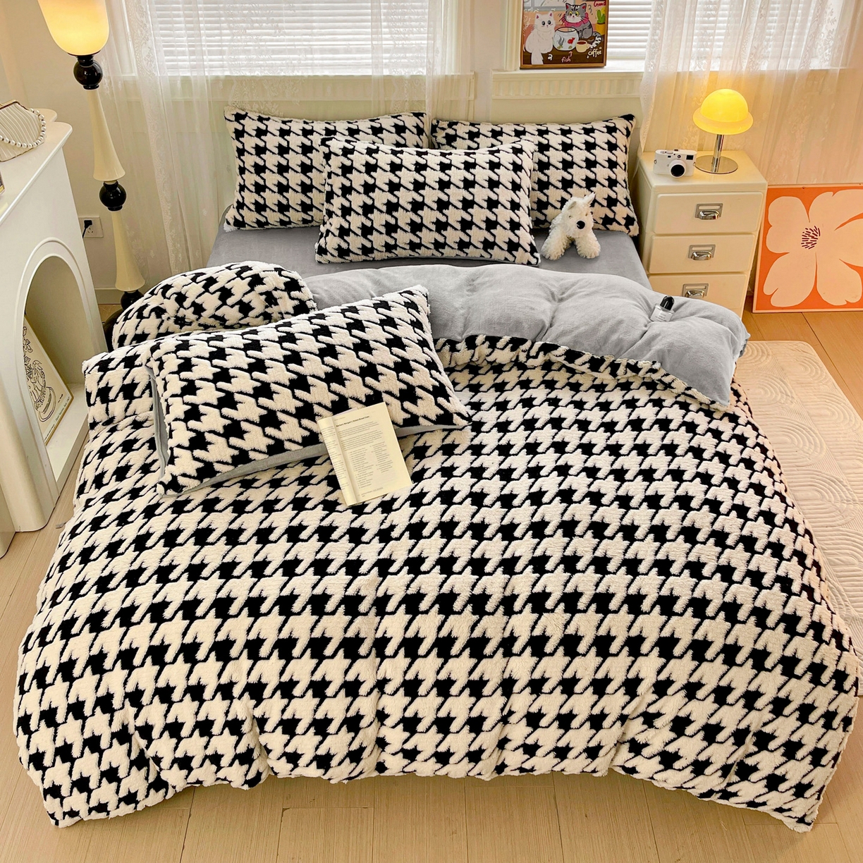 梦之岛 2025新款高克重阳离子大提花印花牛奶绒四件套 千鸟格