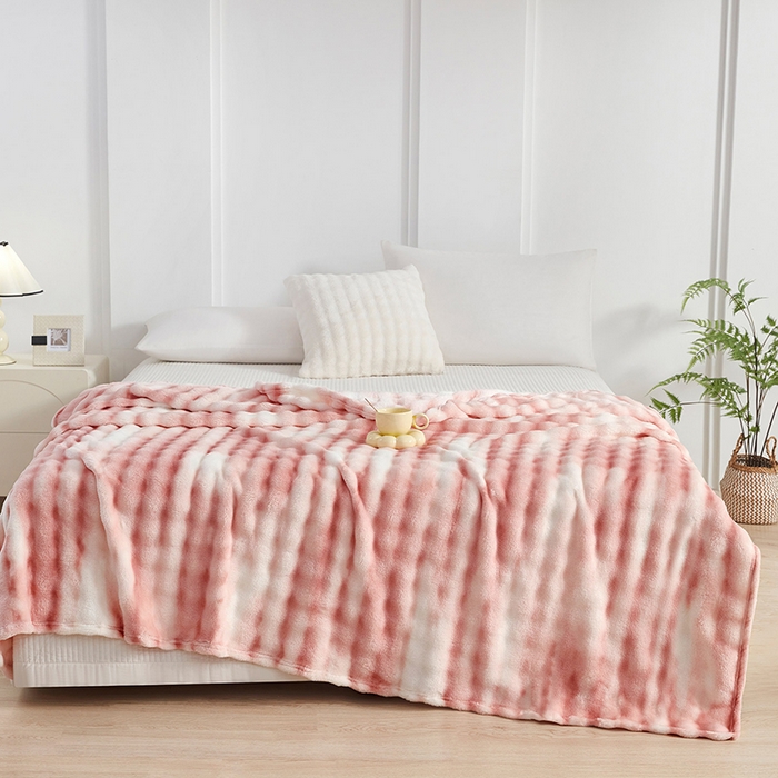 悦织湾家纺 2025新款仿兔毛绒托斯仿兔毛绒毛毯纯色印花牛奶绒休闲盖毯午睡小毯子 炫彩嫩粉