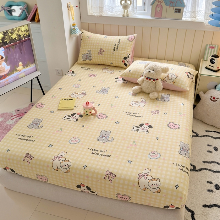 91家纺网 家纺一手货源 找家纺 典曼家纺 2025新款卡通印花单床笠 床笠单件 格子猫