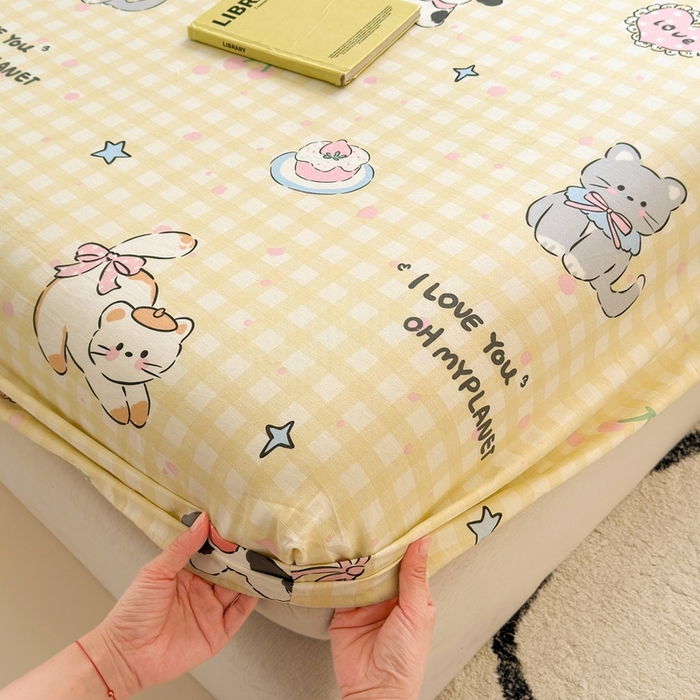 91家纺网 家纺一手货源 找家纺 典曼家纺 2025新款卡通印花单床笠 床笠单件 格子猫