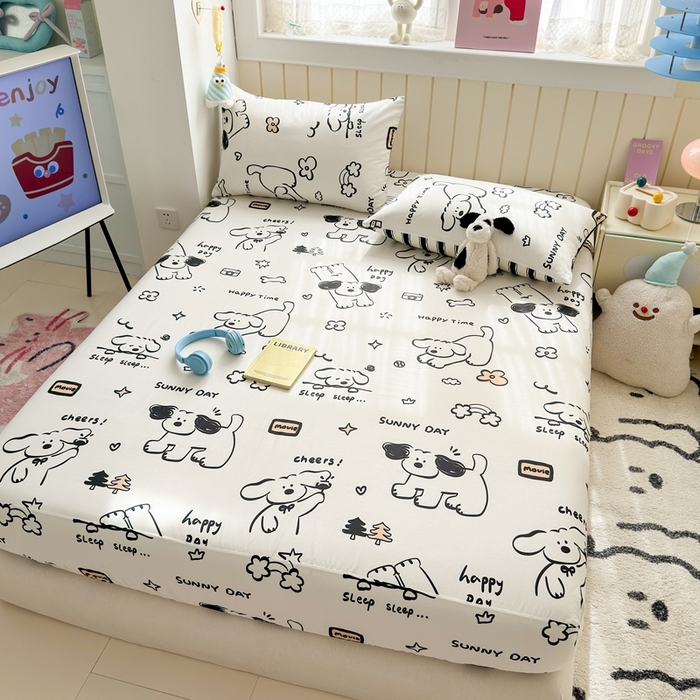 91家纺网 家纺一手货源 找家纺 典曼家纺 2025新款卡通印花单床笠 床笠单件 嗨皮狗
