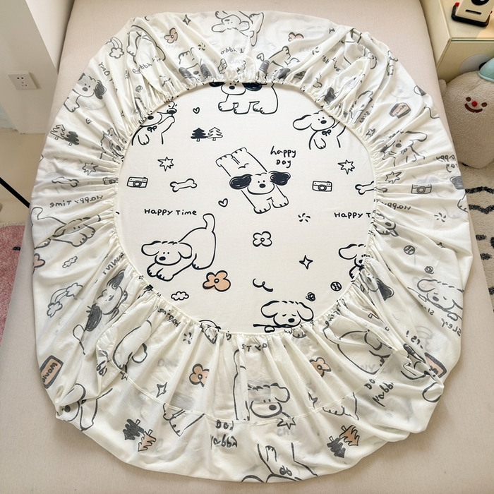 91家纺网 家纺一手货源 找家纺 典曼家纺 2025新款卡通印花单床笠 床笠单件 嗨皮狗