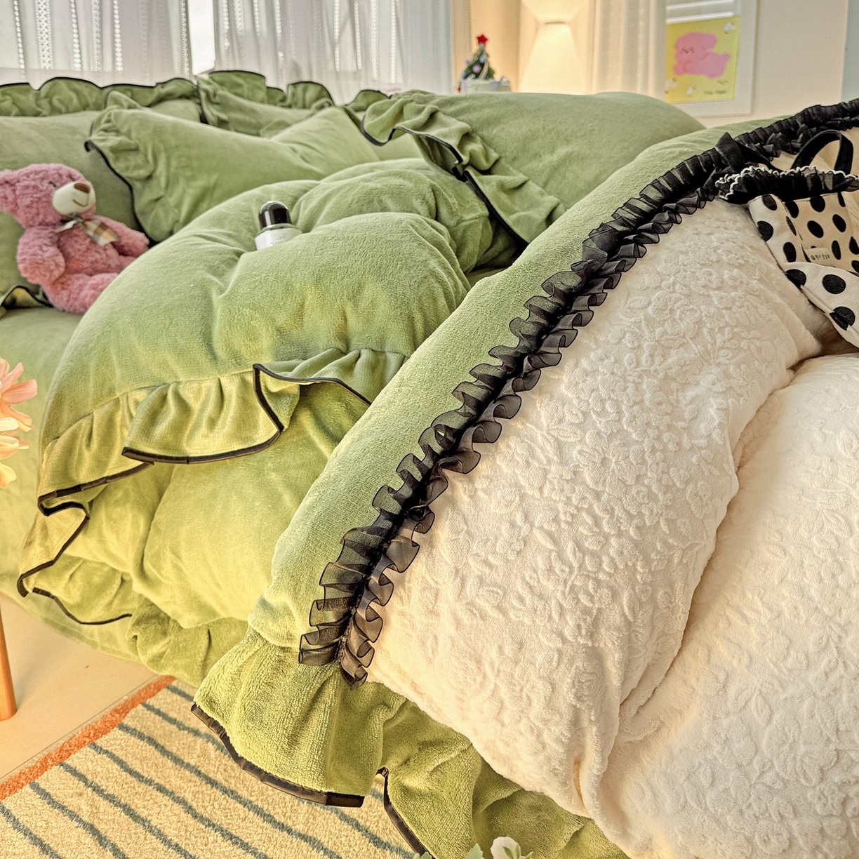 梦之岛 2025新款韩版双拼提花牛奶绒四件套-秘密花园 甜蜜花园-绿