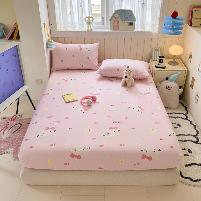 91家纺网 家纺一手货源 找家纺 典曼家纺 2025新款卡通印花单床笠 床笠单件 甜心猫咪