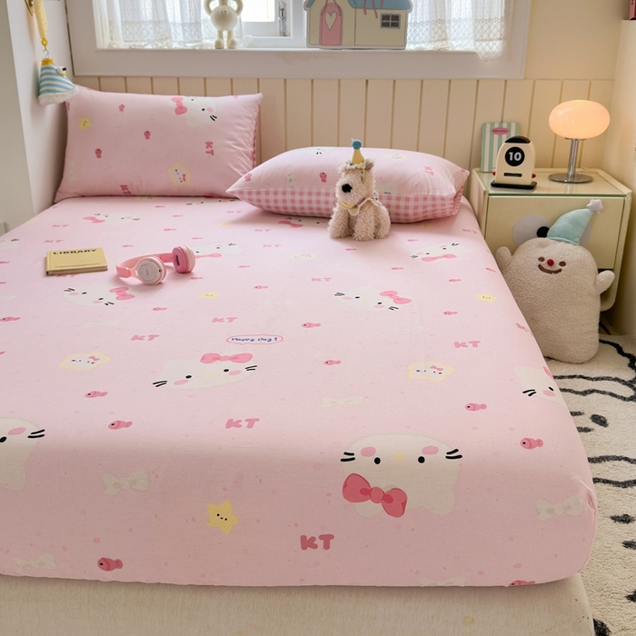 91家纺网 家纺一手货源 找家纺 典曼家纺 2025新款卡通印花单床笠 床笠单件 甜心猫咪