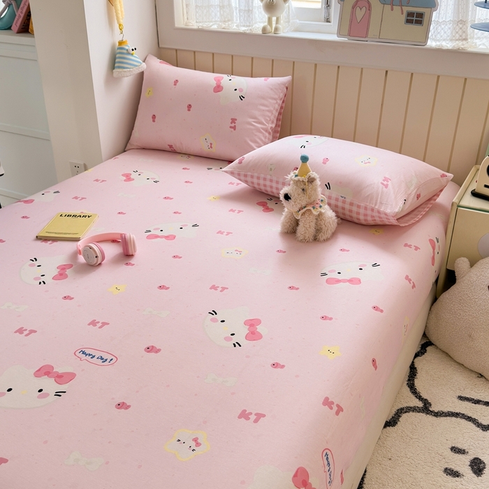 91家纺网 家纺一手货源 找家纺 典曼家纺 2025新款卡通印花单床笠 床笠单件 甜心猫咪