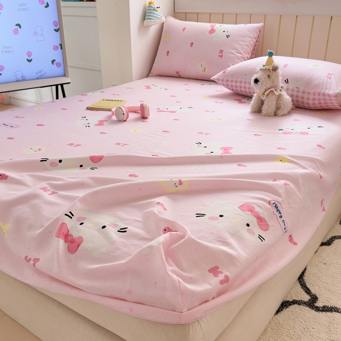 91家纺网 家纺一手货源 找家纺 典曼家纺 2025新款卡通印花单床笠 床笠单件 甜心猫咪