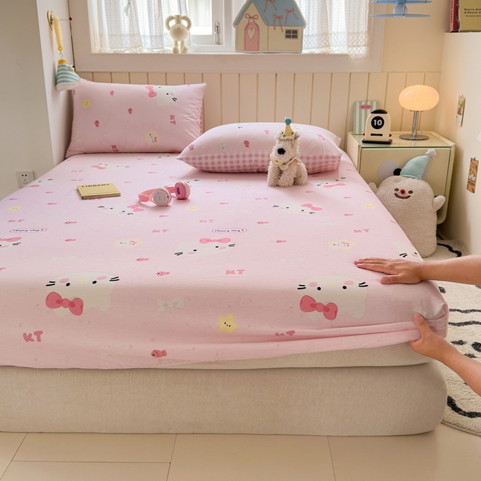 91家纺网 家纺一手货源 找家纺 典曼家纺 2025新款卡通印花单床笠 床笠单件 甜心猫咪