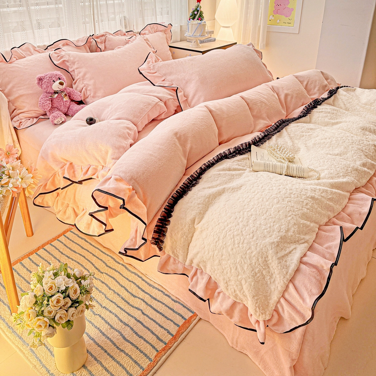 91家纺网 家纺一手货源 找家纺 梦之岛 2025新款韩版双拼提花牛奶绒四件套-秘密花园 甜蜜花园-玉