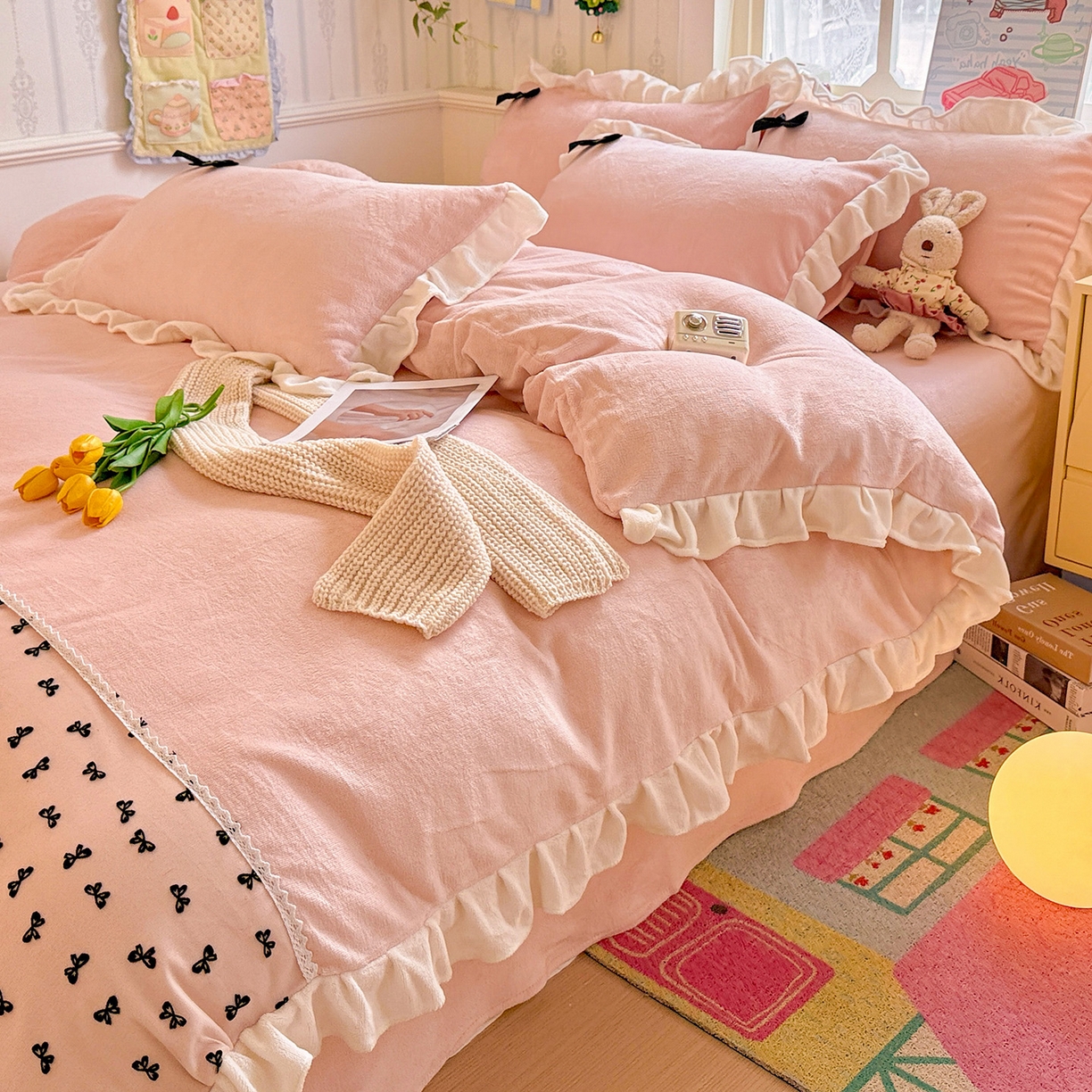 91家纺网 家纺一手货源 找家纺 （总）梦之岛 2025新款韩版蝴蝶蕾丝花边牛奶绒四件套-梦语