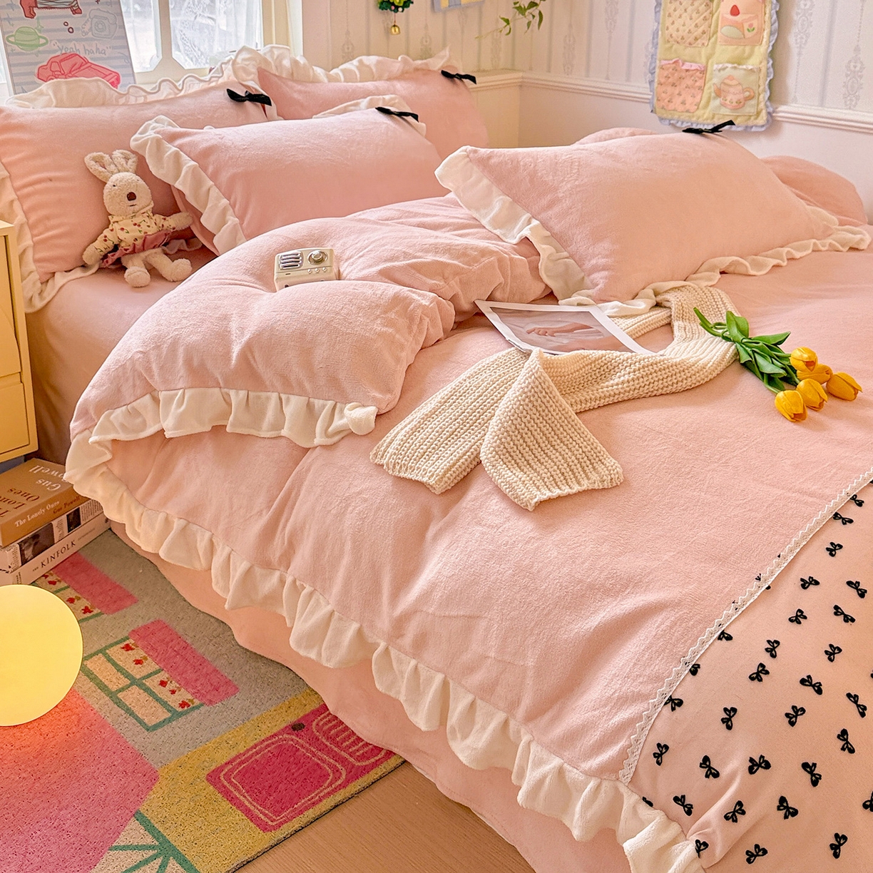 91家纺网 家纺一手货源 找家纺 （总）梦之岛 2025新款韩版蝴蝶蕾丝花边牛奶绒四件套-梦语