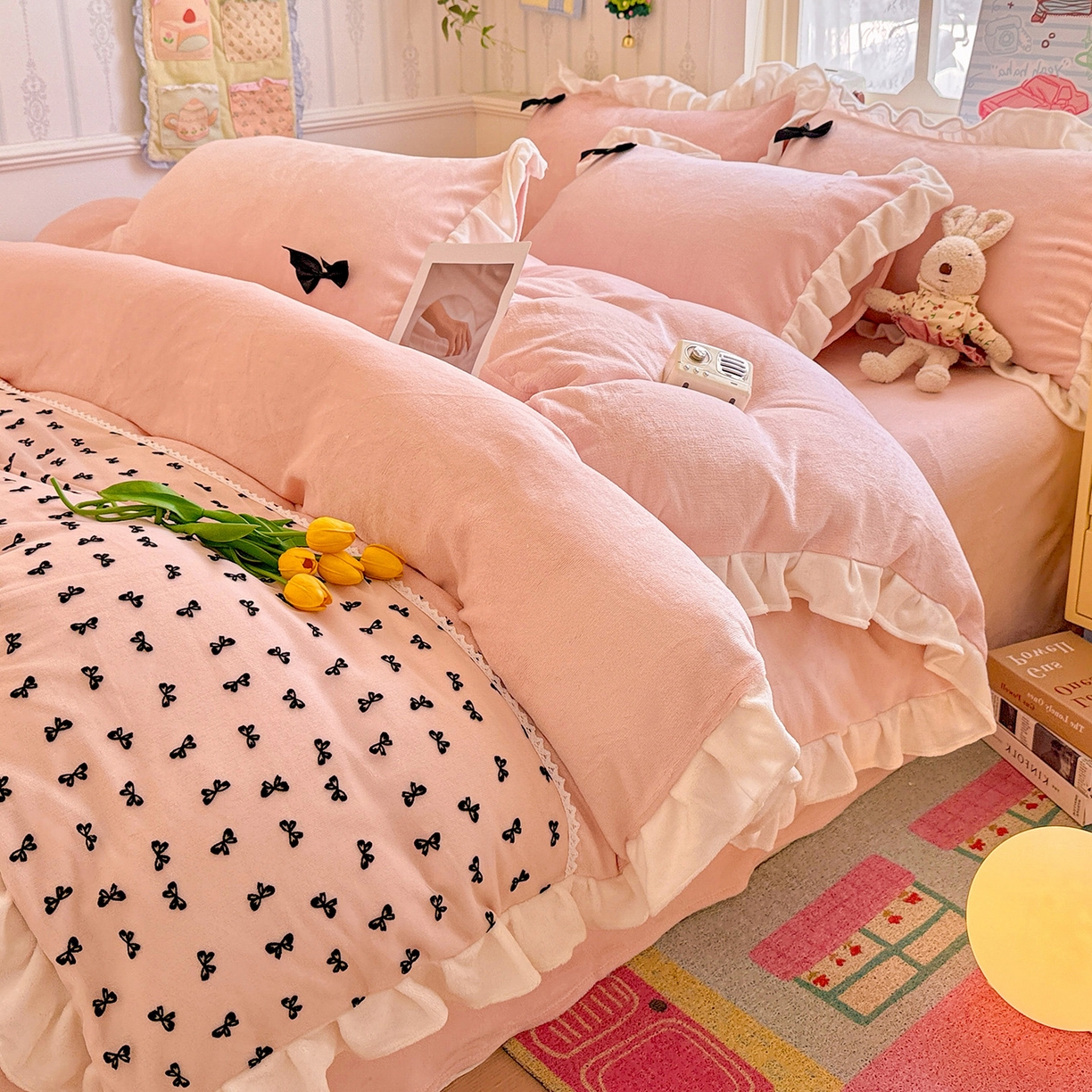 91家纺网 家纺一手货源 找家纺 （总）梦之岛 2025新款韩版蝴蝶蕾丝花边牛奶绒四件套-梦语