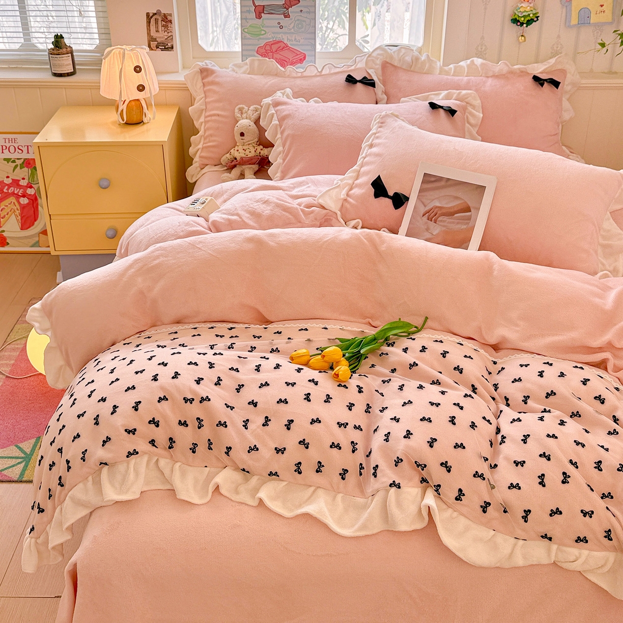 91家纺网 家纺一手货源 找家纺 （总）梦之岛 2025新款韩版蝴蝶蕾丝花边牛奶绒四件套-梦语