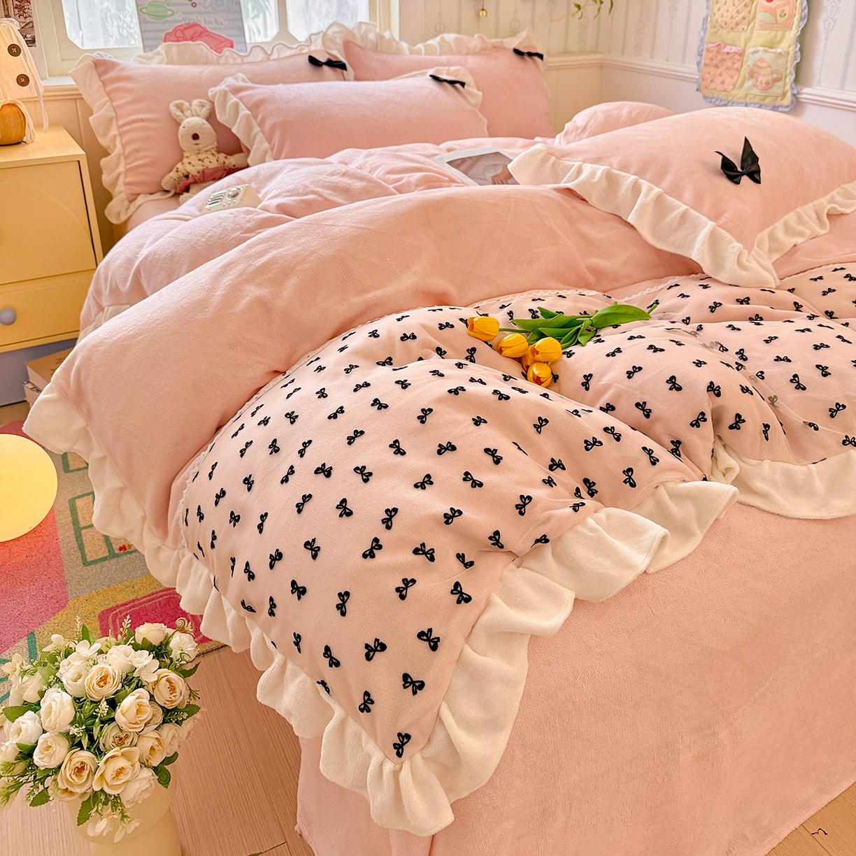 91家纺网 家纺一手货源 找家纺 （总）梦之岛 2025新款韩版蝴蝶蕾丝花边牛奶绒四件套-梦语