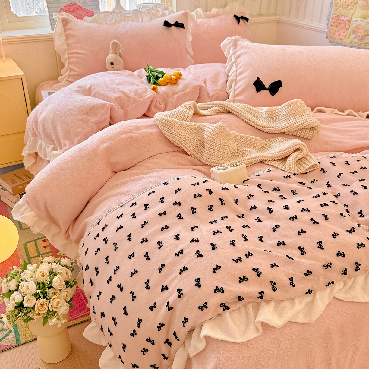 91家纺网 家纺一手货源 找家纺 （总）梦之岛 2025新款韩版蝴蝶蕾丝花边牛奶绒四件套-梦语