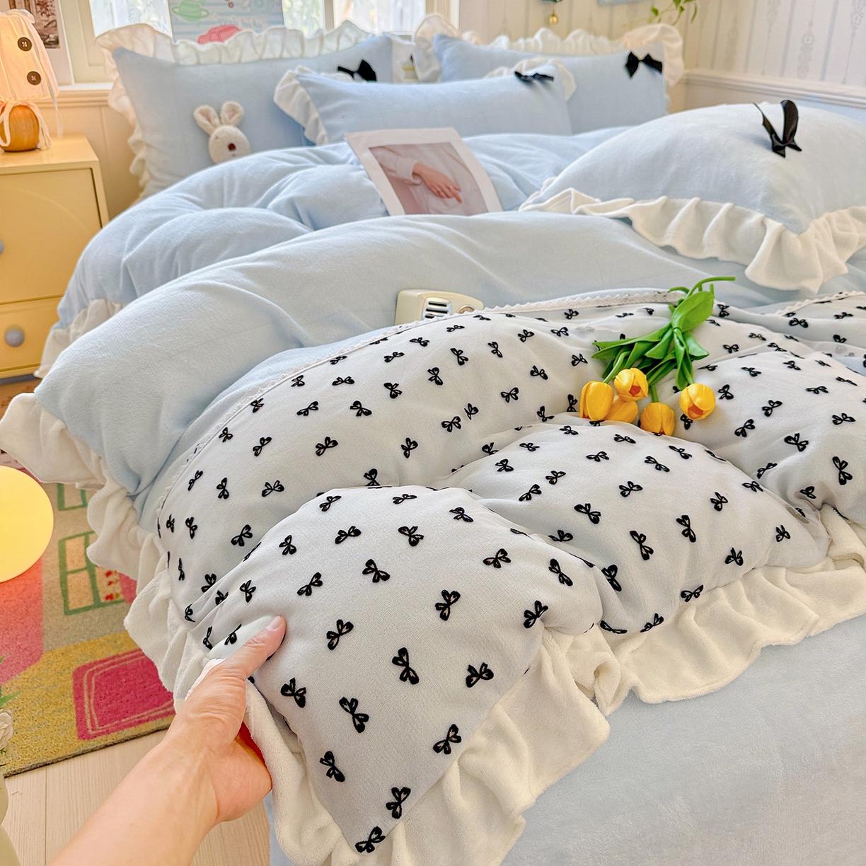 91家纺网 家纺一手货源 找家纺 （总）梦之岛 2025新款韩版蝴蝶蕾丝花边牛奶绒四件套-梦语