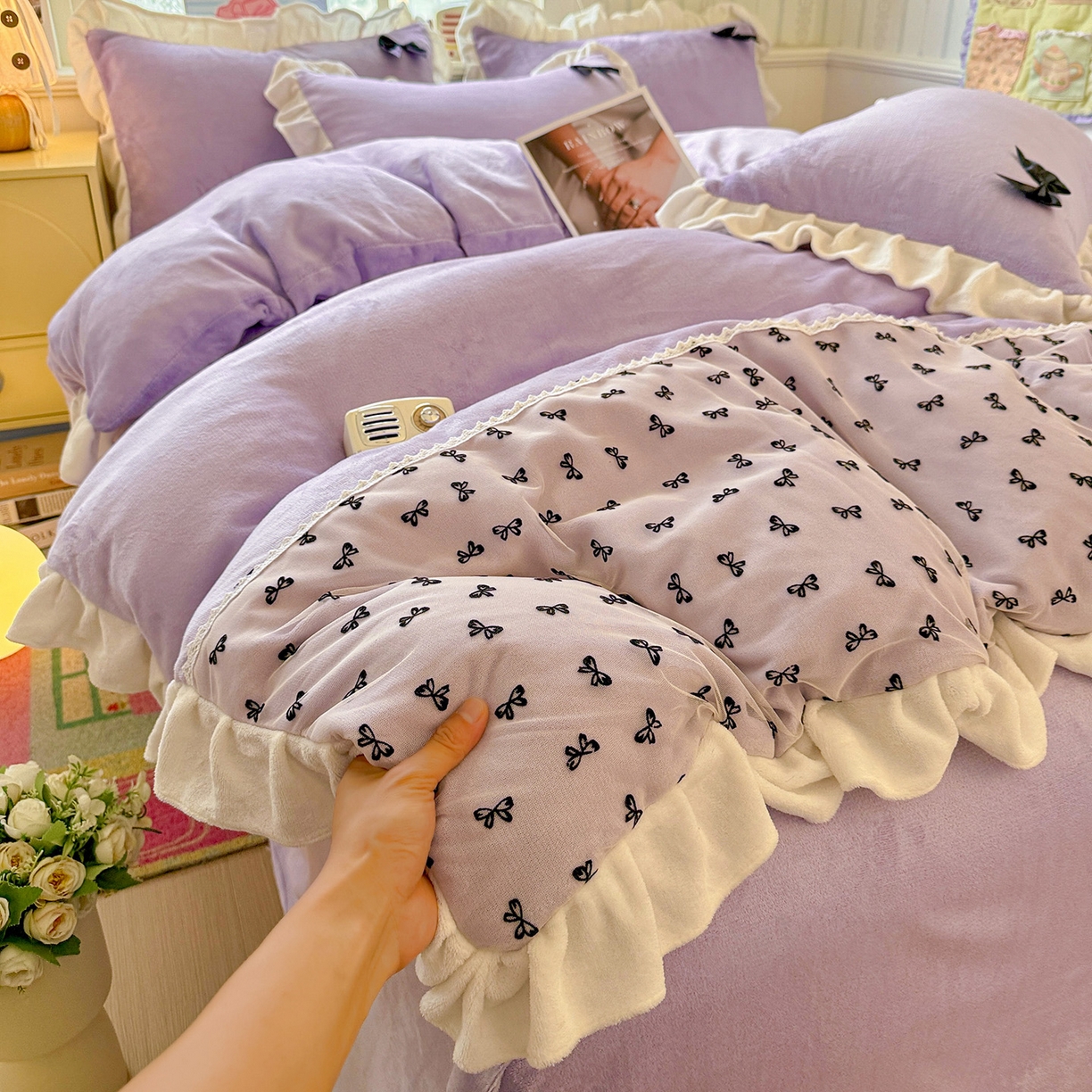 91家纺网 家纺一手货源 找家纺 （总）梦之岛 2025新款韩版蝴蝶蕾丝花边牛奶绒四件套-梦语