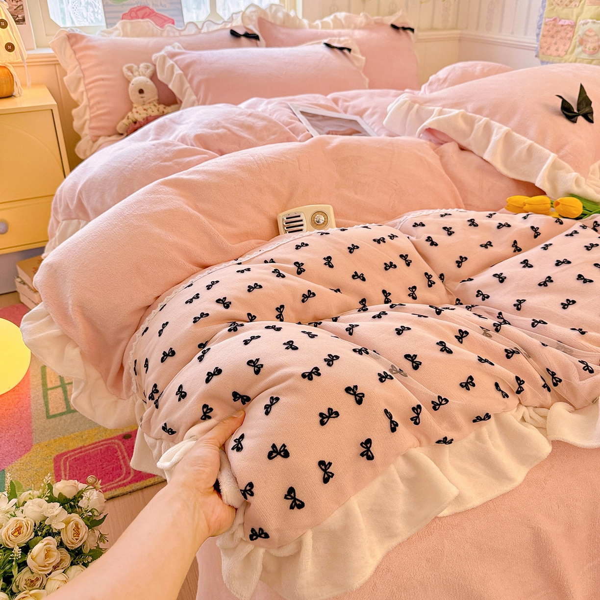 梦之岛 2025新款韩版蝴蝶蕾丝花边牛奶绒四件套-梦语 梦语-玉