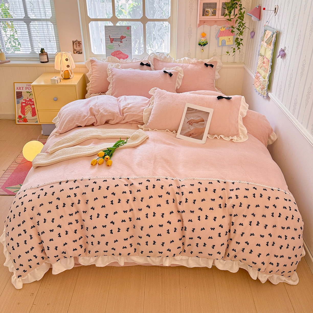 91家纺网 家纺一手货源 找家纺 梦之岛 2025新款韩版蝴蝶蕾丝花边牛奶绒四件套-梦语 梦语-玉