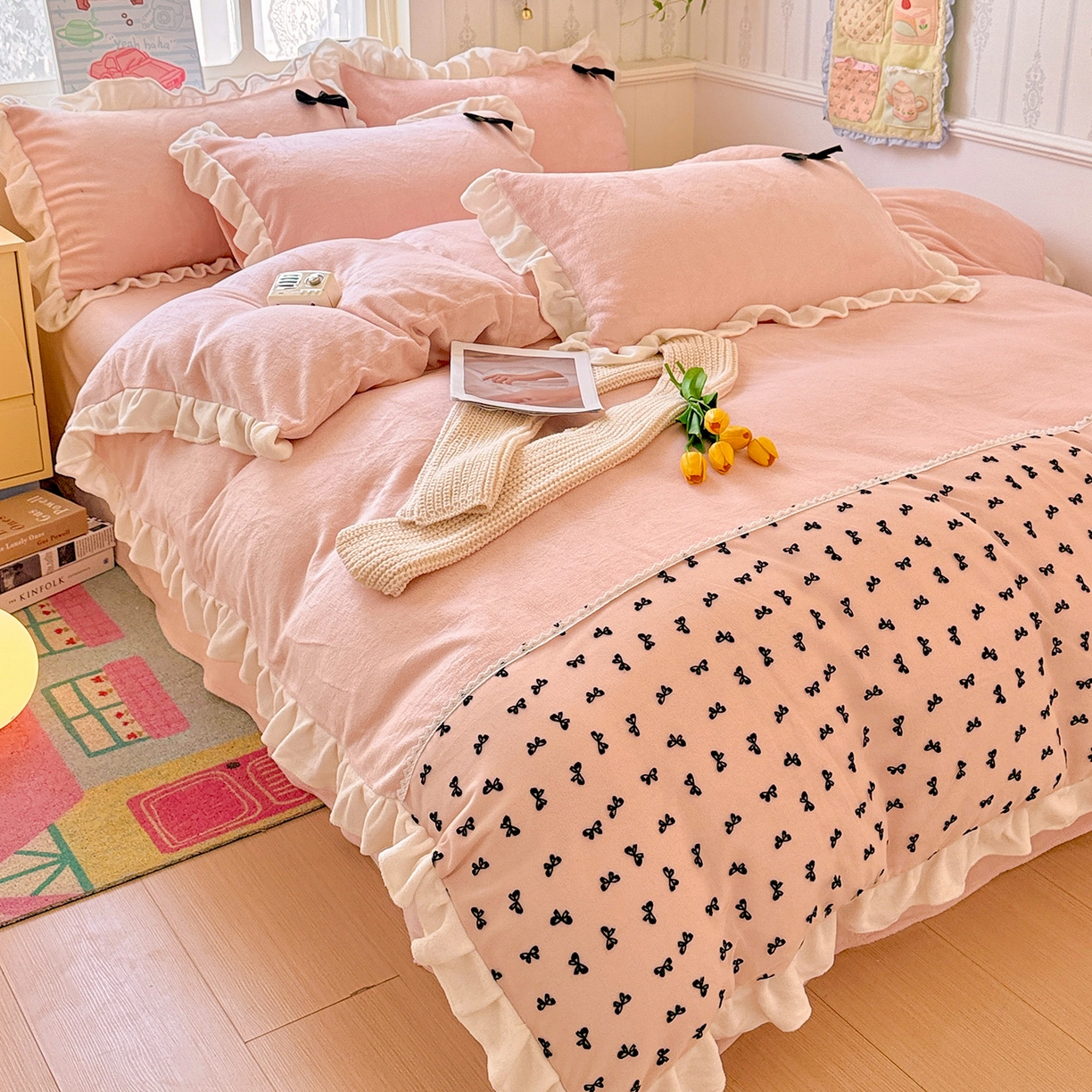 91家纺网 家纺一手货源 找家纺 梦之岛 2025新款韩版蝴蝶蕾丝花边牛奶绒四件套-梦语 梦语-玉